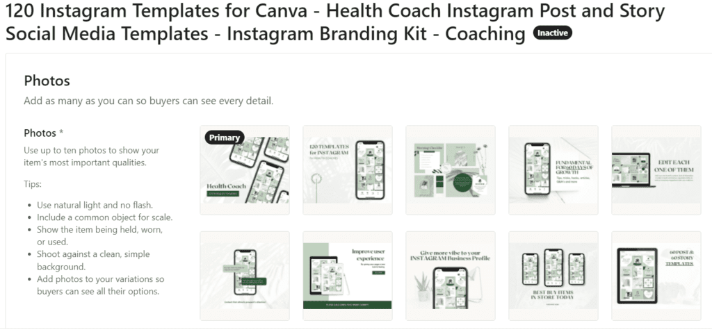 Illustration of the Etsy Listing of the Canva Templates Package to Sell