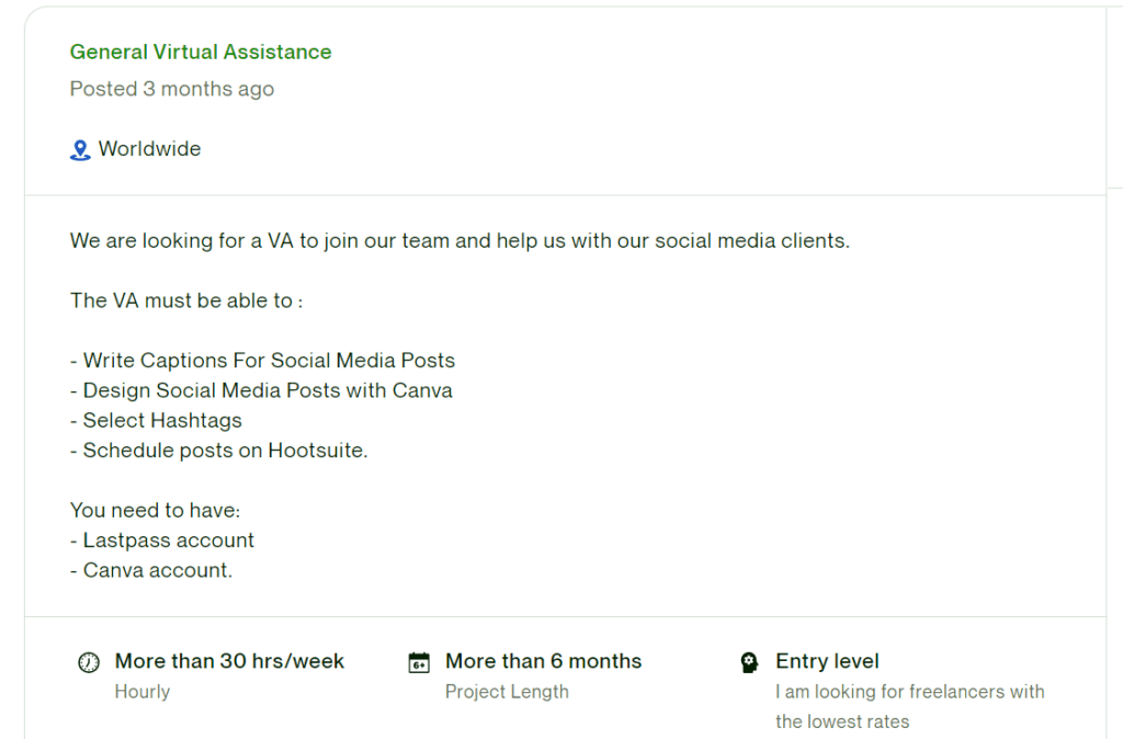job posted on Upwork for outsourcing